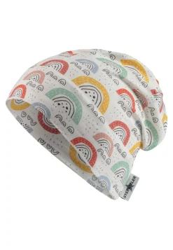 Beanie bedruckt mit bunten Regenbögen in ecru