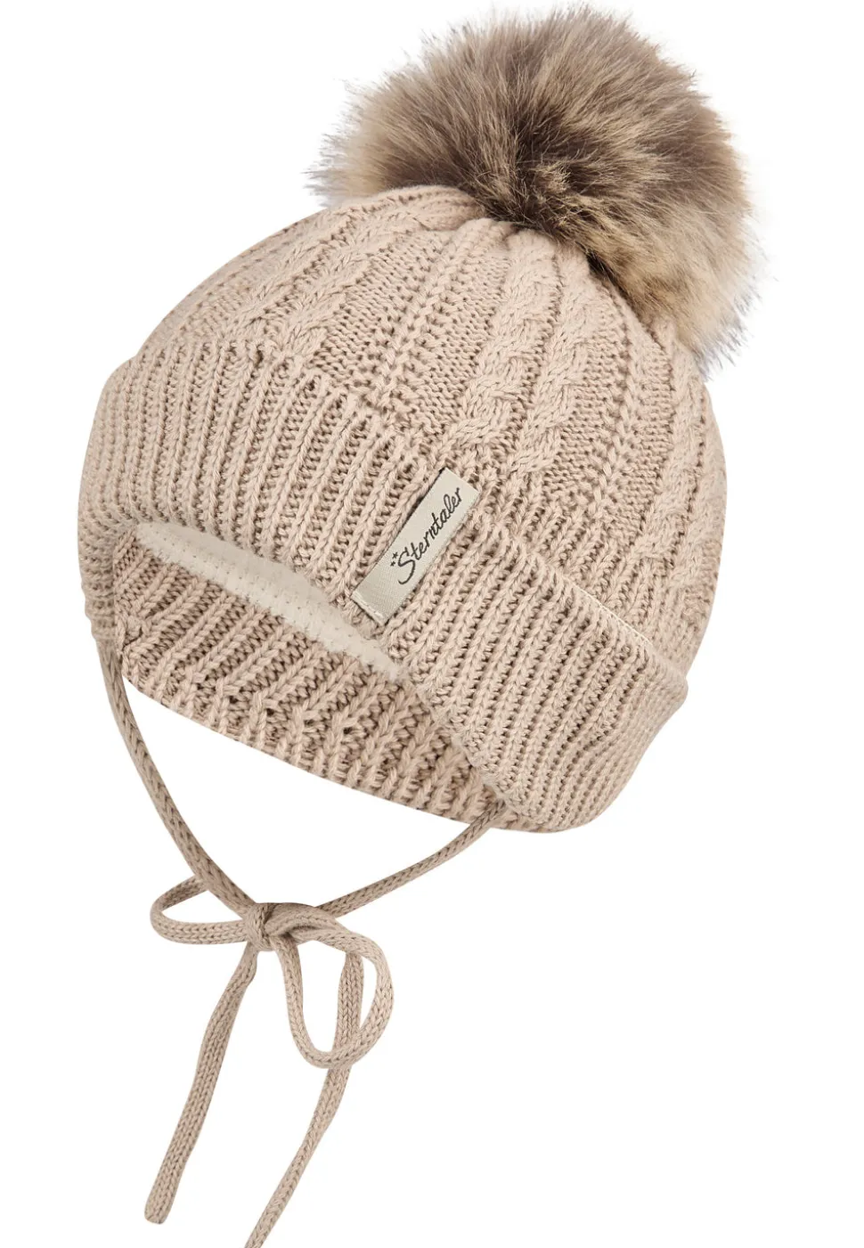 Strickmütze mit Zopfmuster & Kunstpelz-Pompon